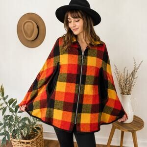 Baar & Beards Vintage Wool Plaid Cape Jacket Buffalo Check Poncho Coat
